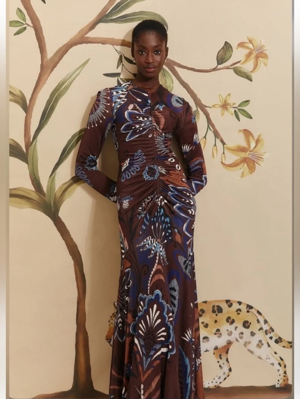 Farm Rio Brown Delicate Garden Long Sleeve Maxi Dress